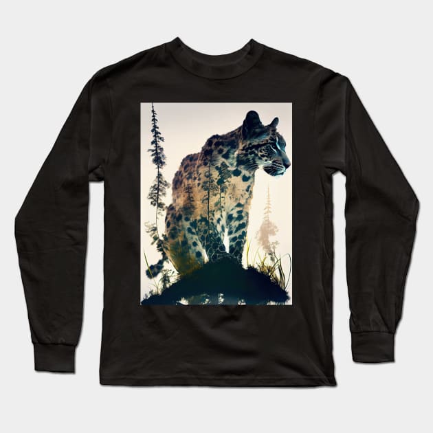 Clouded Leopard Double Exposure Long Sleeve T-Shirt by ABART BY ALEXST 